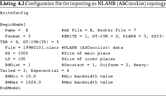 \begin{Listing}
% latex2html id marker 484\footnotesize\begin{verbatim}Brite...
...on{Configuration file for importing an NLANR (ASConnList)
topology}\end{Listing}