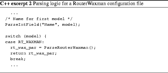 \begin{Program}
% latex2html id marker 606\footnotesize\begin{verbatim}...
...
...batim}\caption{Parsing logic for a RouterWaxman configuration file}\end{Program}