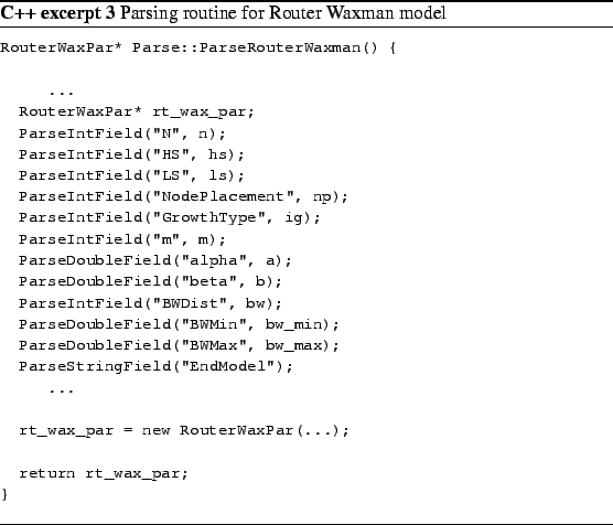 \begin{Program}
% latex2html id marker 614\footnotesize\begin{verbatim}Route...
...r;
}\end{verbatim}\caption{Parsing routine for Router Waxman model}\end{Program}