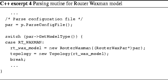 \begin{Program}
% latex2html id marker 622\footnotesize\begin{verbatim}...
...
.....
}\end{verbatim}\caption{Parsing routine for Router Waxman model}\end{Program}