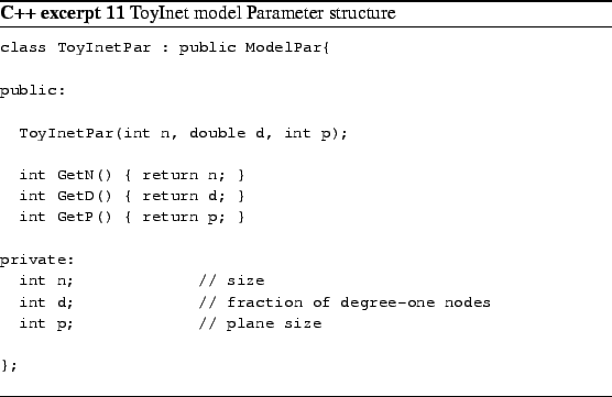 \begin{Program}
% latex2html id marker 727\footnotesize\begin{verbatim}class...
...e size};\end{verbatim}\caption{ToyInet model Parameter structure}\end{Program}
