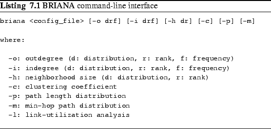 \begin{Listing}
% latex2html id marker 758\footnotesize\begin{verbatim}brian...
...ation analysis\end{verbatim}\caption{BRIANA command-line interface}\end{Listing}